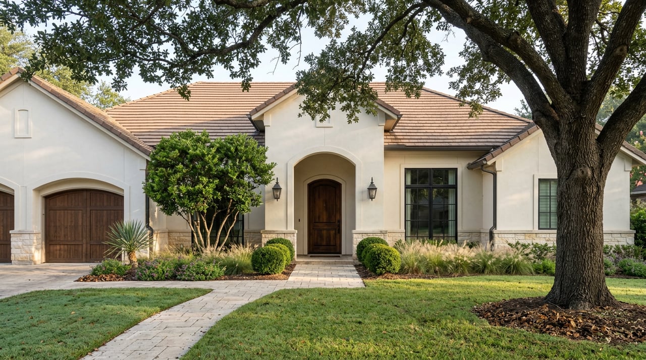 Custom stucco home with an arched entry, wood door, garage wing, limestone walkway, and oak canopy.
