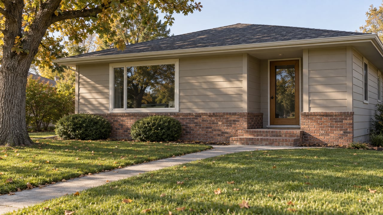 Ranch house with putty siding, brick stoop, curving walk, picture window, recessed door, and oak.