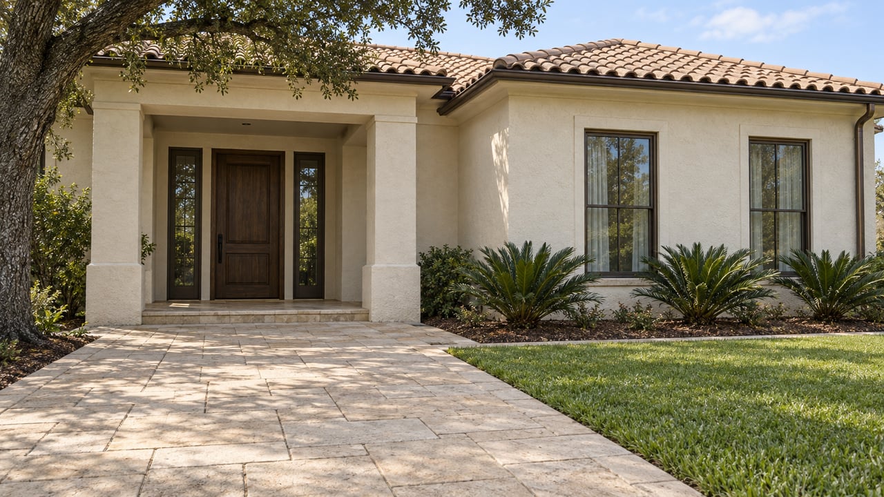 Cream stucco home with a tiled hip roof, recessed oak entrance, bronze windows, and a broad paved approach bordered by lawn and coontie plants.