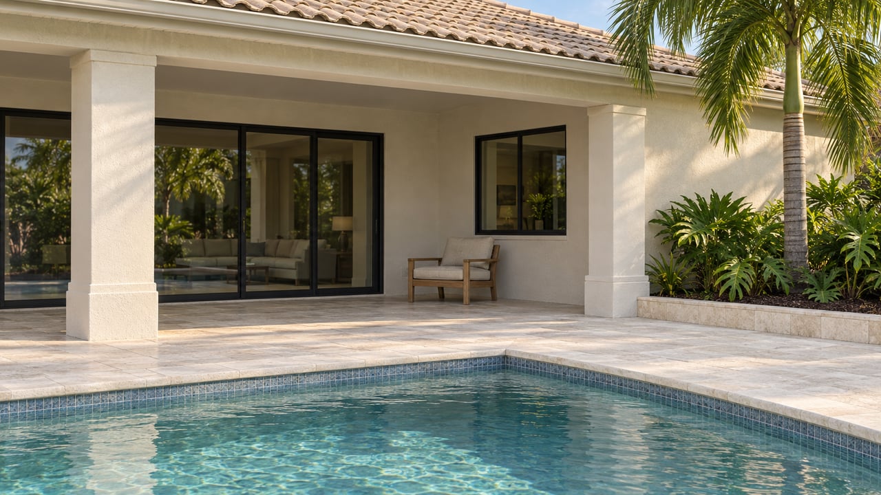 Cream stucco home with a shaded lanai, dark framed glass doors, limestone pool coping, and lush curated planting.