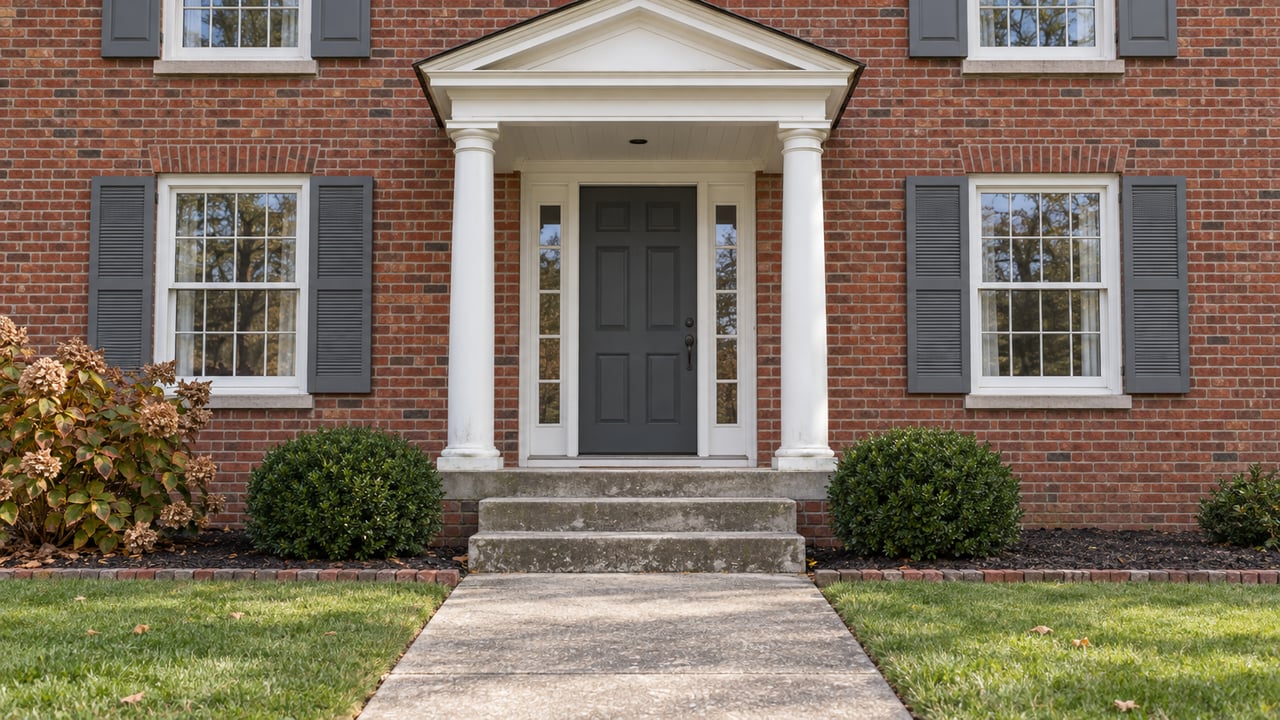 Red brick home with white two-column entrance, gray shutters, a concrete front walk and autumn oakleaf hydrangea.