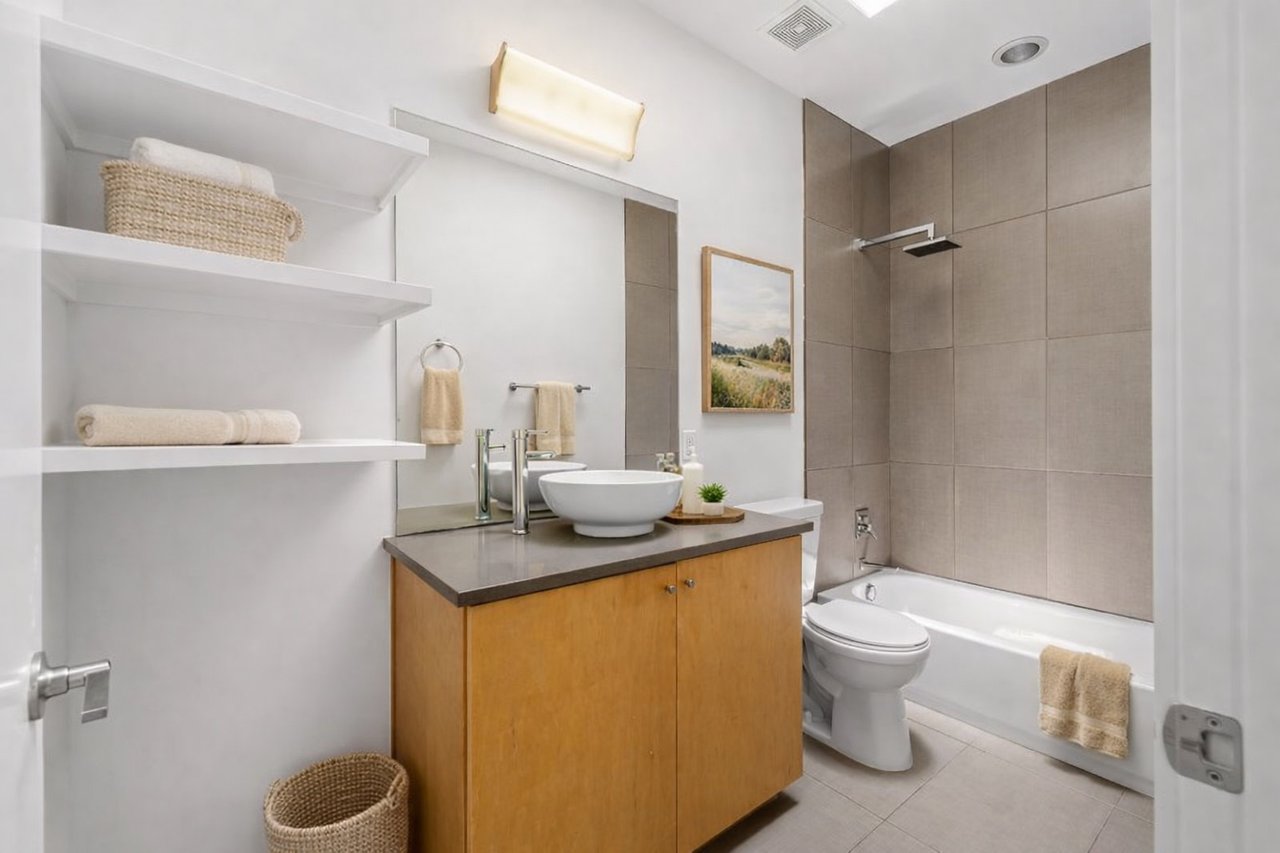 Ensuite bathroom at 1302 S 5th St Unit A, Bouldin, Austin, TX, with a vessel sink, wood vanity, skylight, and tiled shower/tub surround.
