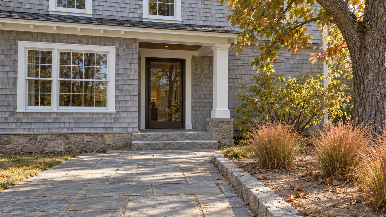 Weathered cedar-shingle home with white window trim, a sheltered glass entry and stone approach beside autumn grasses and an oak.