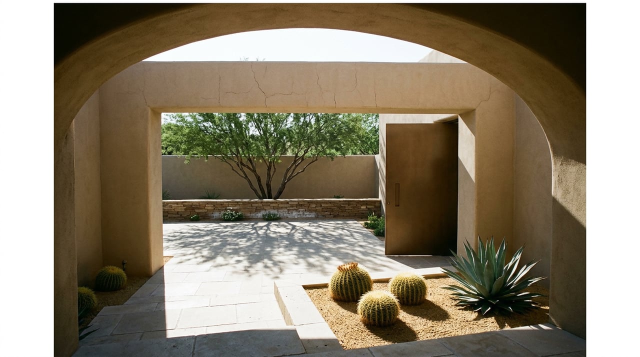 Sand-stucco archway framing a stone-paved motor court, ironwood tree, and barrel cacti.