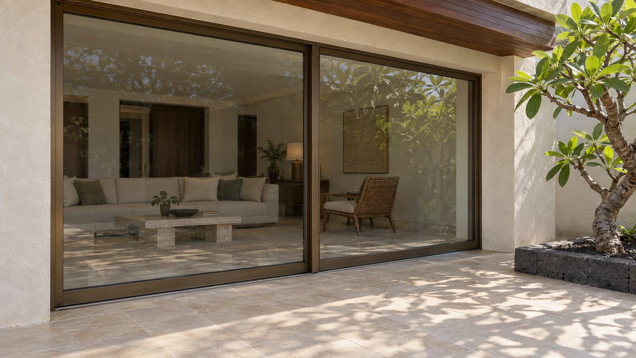 Closed bronze-framed glass sliders open onto a tiled terrace with a plumeria tree in a planting pocket.