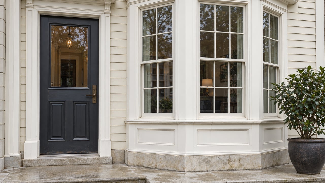Close view of an ivory-painted home's bay windows and charcoal entry door above a worn limestone landing, with one potted camellia.