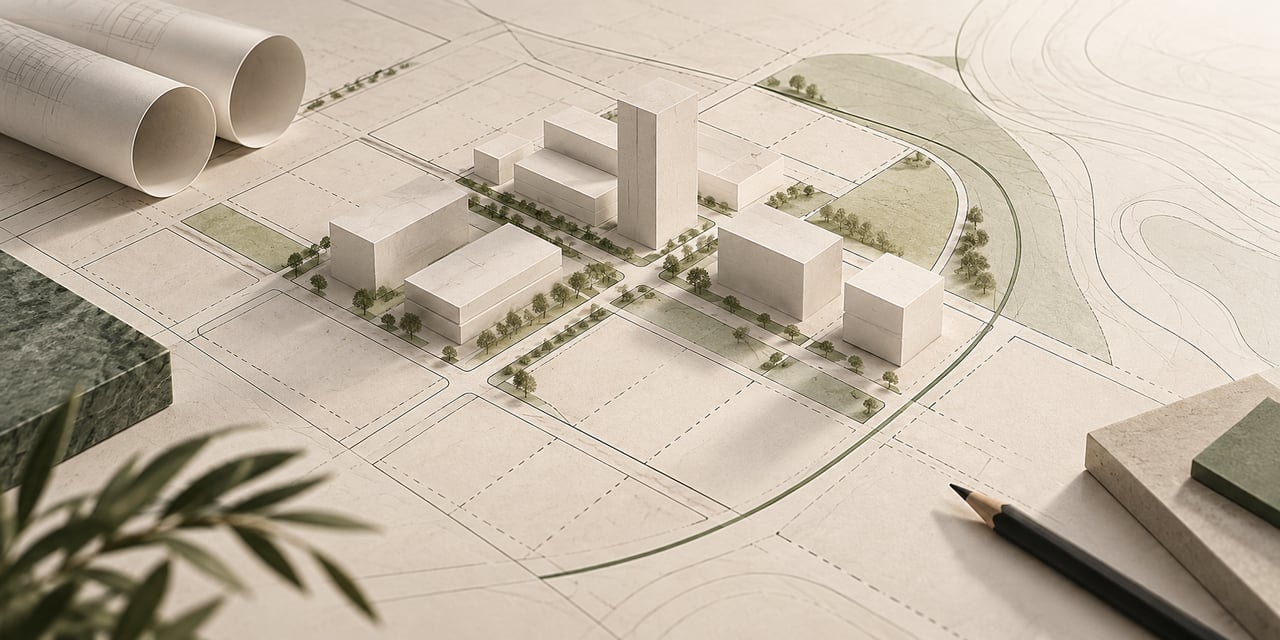 Architectural site model of a commercial development with landscaped streets and a tall central tower.