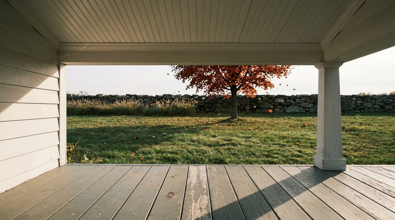 Farmhouse porch frames a deep lawn, orange-red maple, and distant dry-laid stone wall.