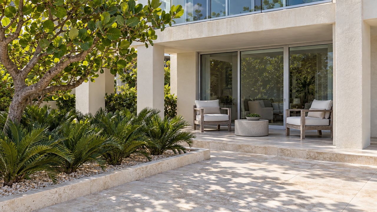 Cream stucco condominium terrace with closed glass doors, weathered teak seating and a limestone approach beside sea grape and coontie planting.