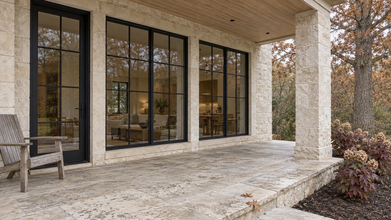 Limestone home opening onto a covered stone terrace, with black-framed windows, a teak chair and autumn oakleaf hydrangeas beneath a mature white oak.