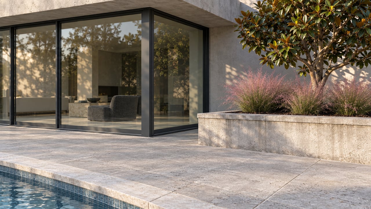 Close view of a concrete overhang, dark-framed corner windows and limestone pool terrace beside a raised magnolia planter.