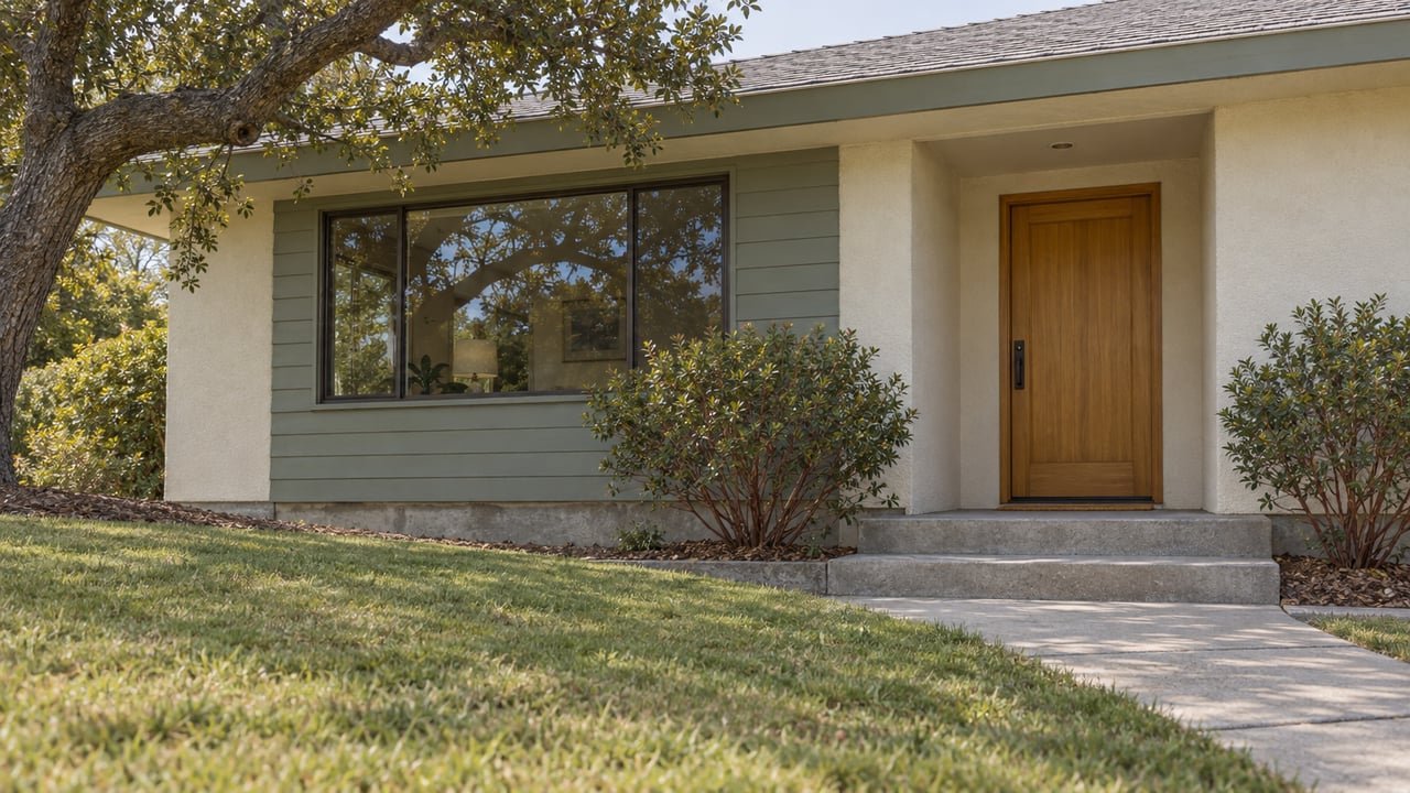 Cream and sage single-story home with a recessed timber entry, broad window, concrete approach, and mature oak beside a sloping lawn.