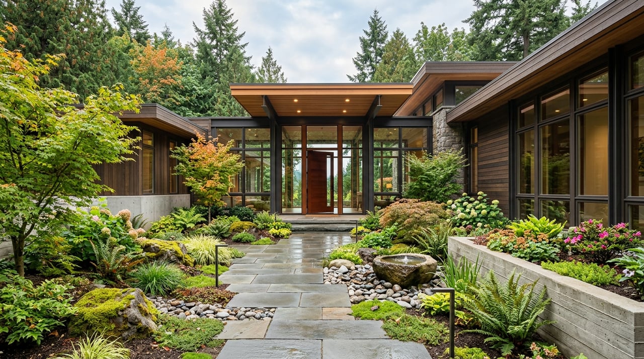 Contemporary Northwest home entry courtyard with stone paving, covered porch, columns, and a softly focused hedge.