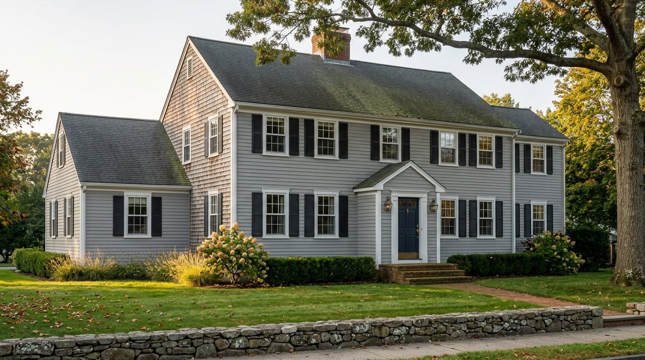 Two-story gray colonial with a navy door, brick walk, mature oak, and scattered leaves across the lawn.