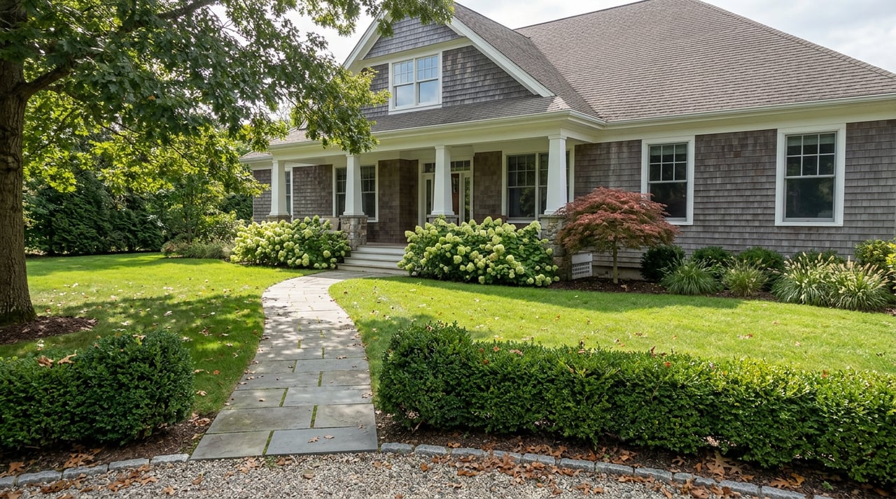 Shingle-style home with a wraparound porch beyond a lawn, curved stone path, mature oak, and flowering hydrangeas.