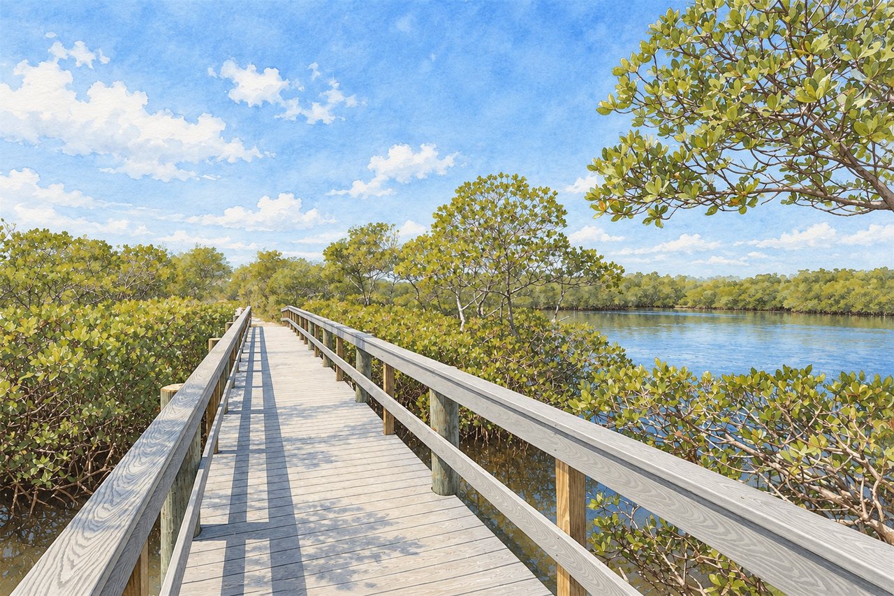 Wooden boardwalk through mangroves beside calm water under a blue, cloud-dotted sky.