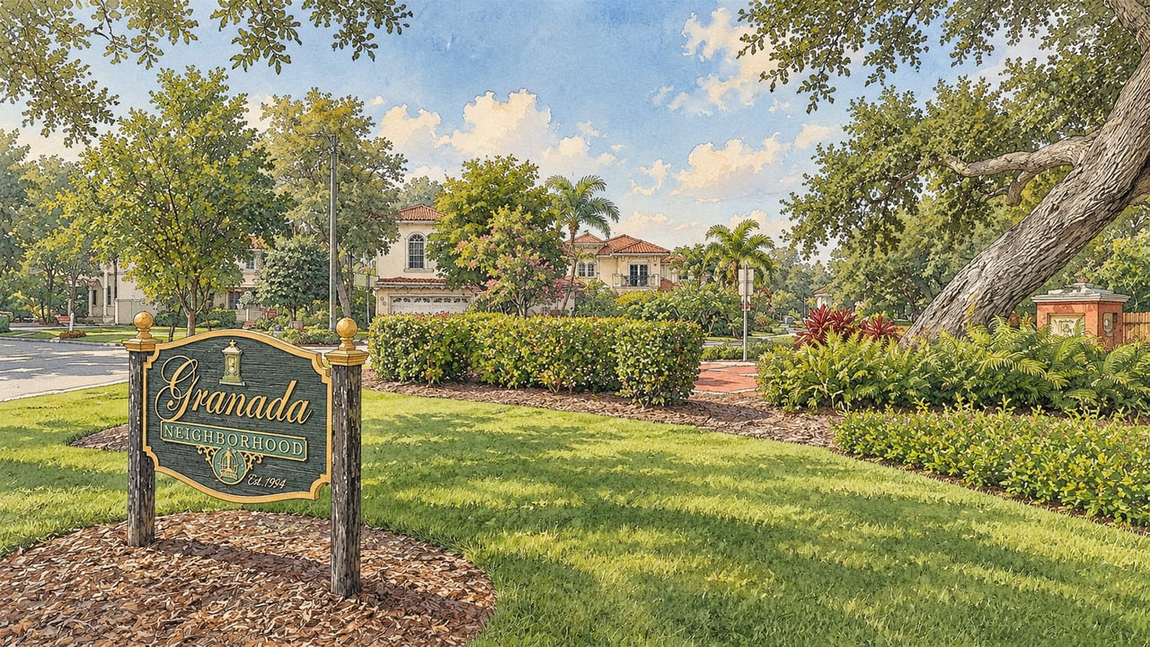 Granada neighborhood entrance sign amid trees, landscaping, and homes.