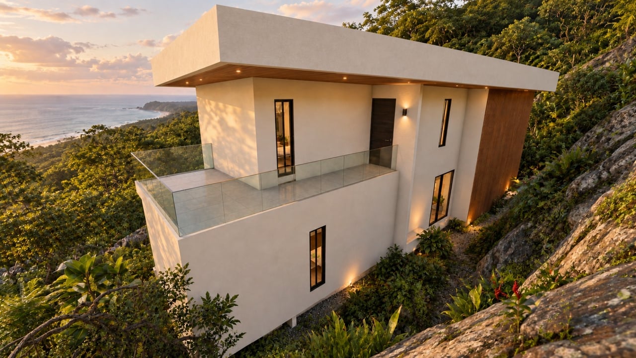 Modern hillside home with a glass-railed terrace overlooking the ocean at sunset.