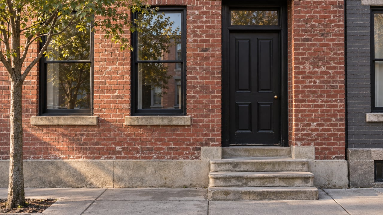 Brick rowhouse entry with a black paneled door, sash windows, limestone stoop, and sidewalk tree.