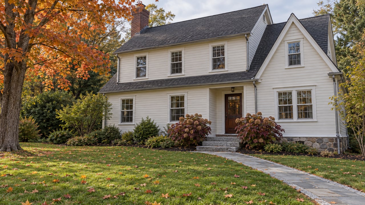 An off-white clapboard home with steep gables and a brick chimney sits beyond a deep lawn, framed by an orange-leaved maple and a bluestone entry walk.