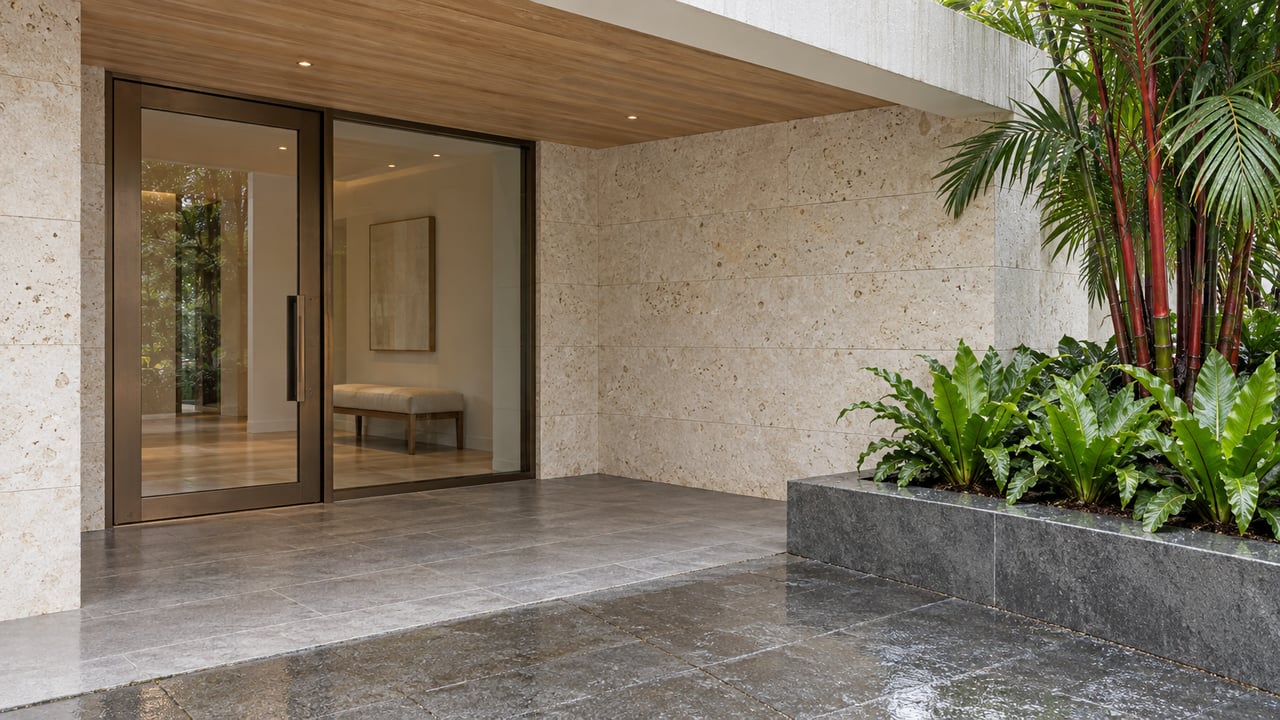 Covered home entry with pale timber soffit, limestone walls, bronze-framed glass door and rain-damp basalt paving beside red-stemmed palms and bird's-nest ferns.