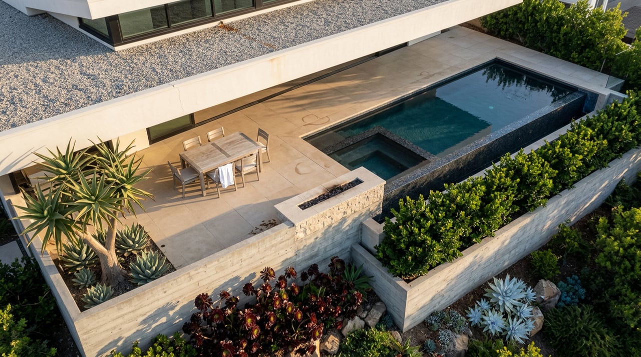 Elevated view of a coastal home’s pool terrace, with a dark infinity pool, teak dining set, and planted concrete slope.