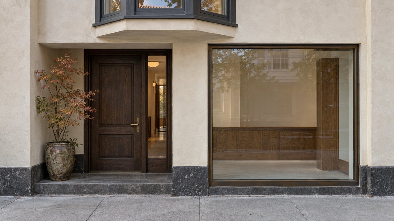 Cream-stucco building facade with a projecting bay window, recessed oak entrance, potted maple, and glazed storefront.