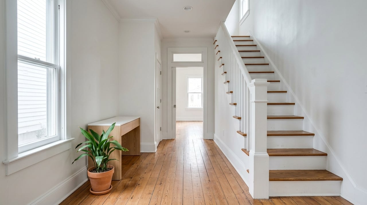 Historic foyer with plaster walls, a transom, heart-pine flooring, and a staircase beside recessed lights.