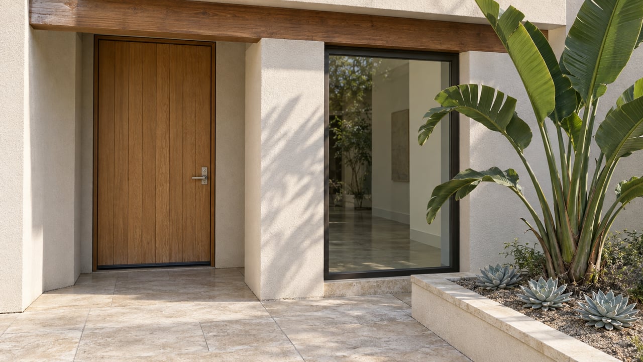 Sunlit stucco entrance with an oak door, bronze-framed window, limestone landing and a raised bed of bird-of-paradise and chalk dudleya.