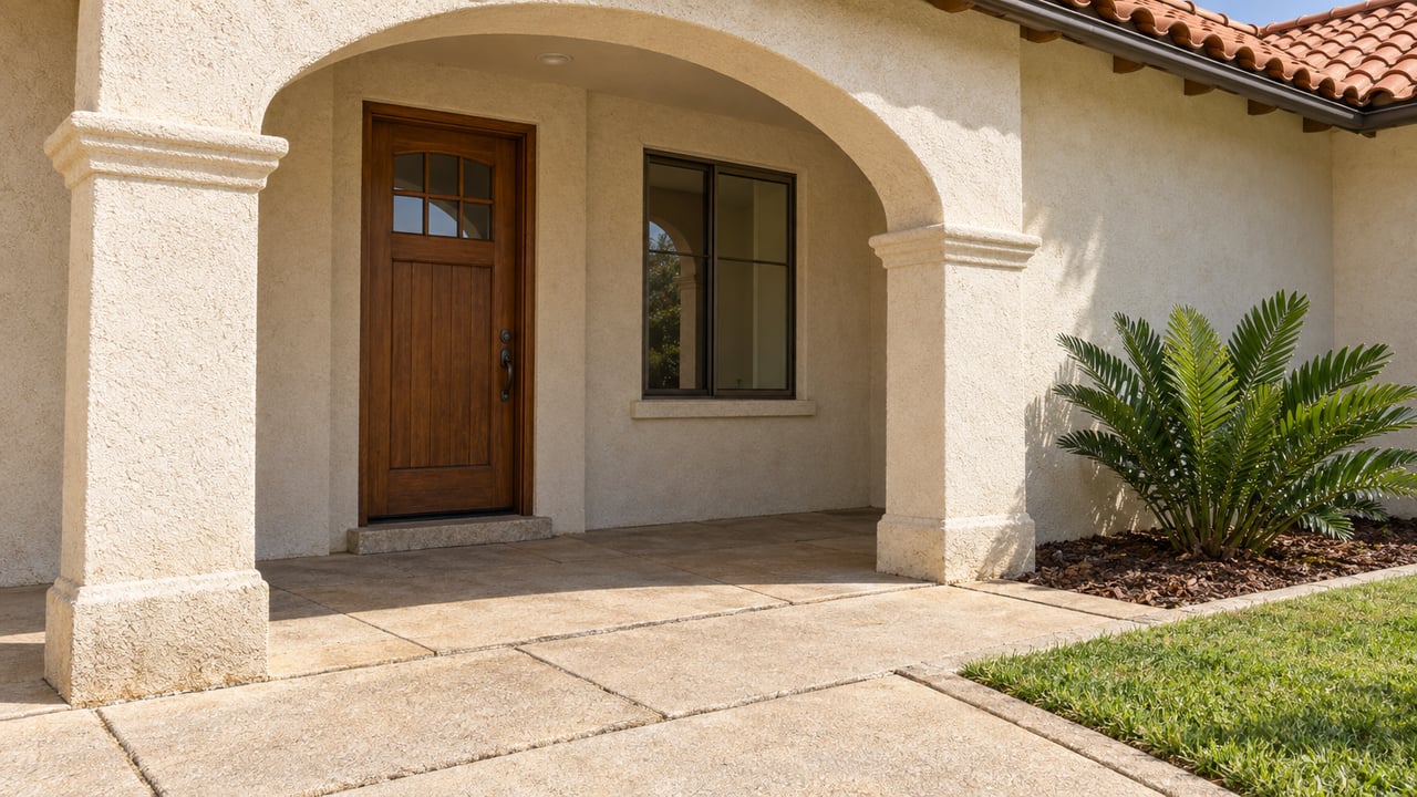 Sunlit cream stucco entry with terracotta roof tiles, a recessed wooden door and pale pavers bordered by a small coontie planting.
