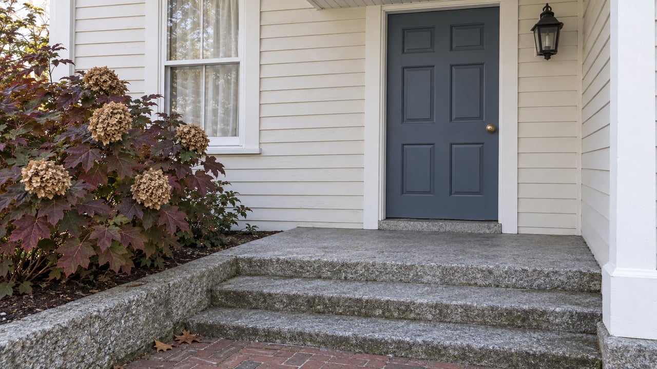 Slate-blue front door and worn granite entry steps beside burgundy oakleaf hydrangea on a cream clapboard home.