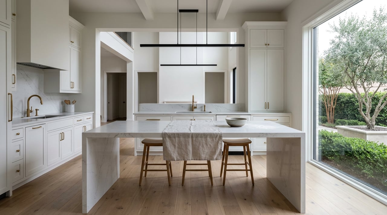 White shaker kitchen with quartz waterfall island, brass fixtures, olive tree by a tall window, and double-height opening.