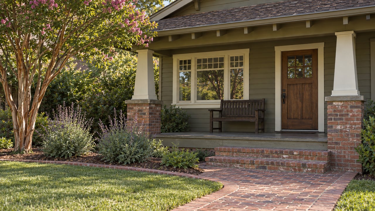 Wood-clapboard bungalow porch with tapered timber columns, clinker-brick steps and a brick garden path beside a flowering tree.