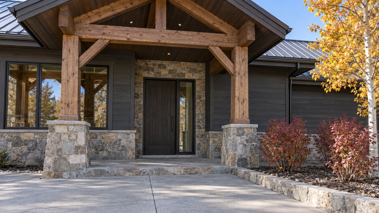 Timber porch supports, charcoal wood siding and quartzite stonework frame a covered entry beside golden aspen leaves.