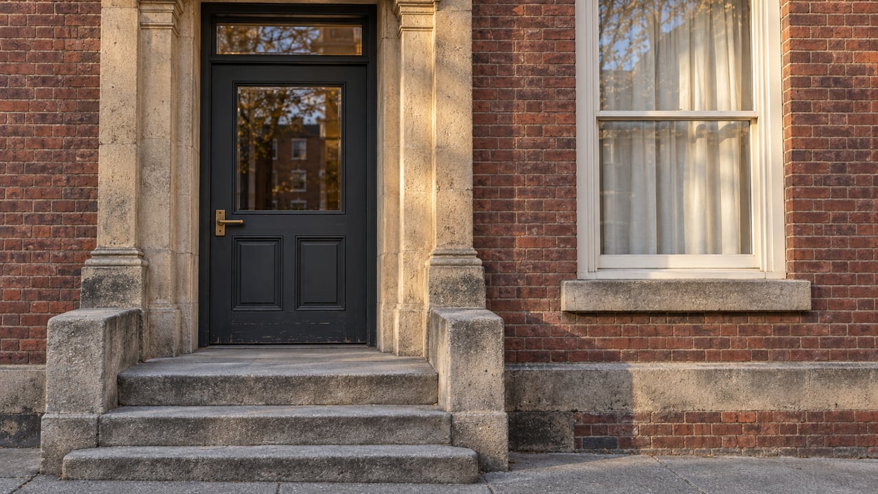 Sunlight rakes a worn limestone stoop and dark painted residential doorway beside a tall curtained window in a red-brown brick facade.