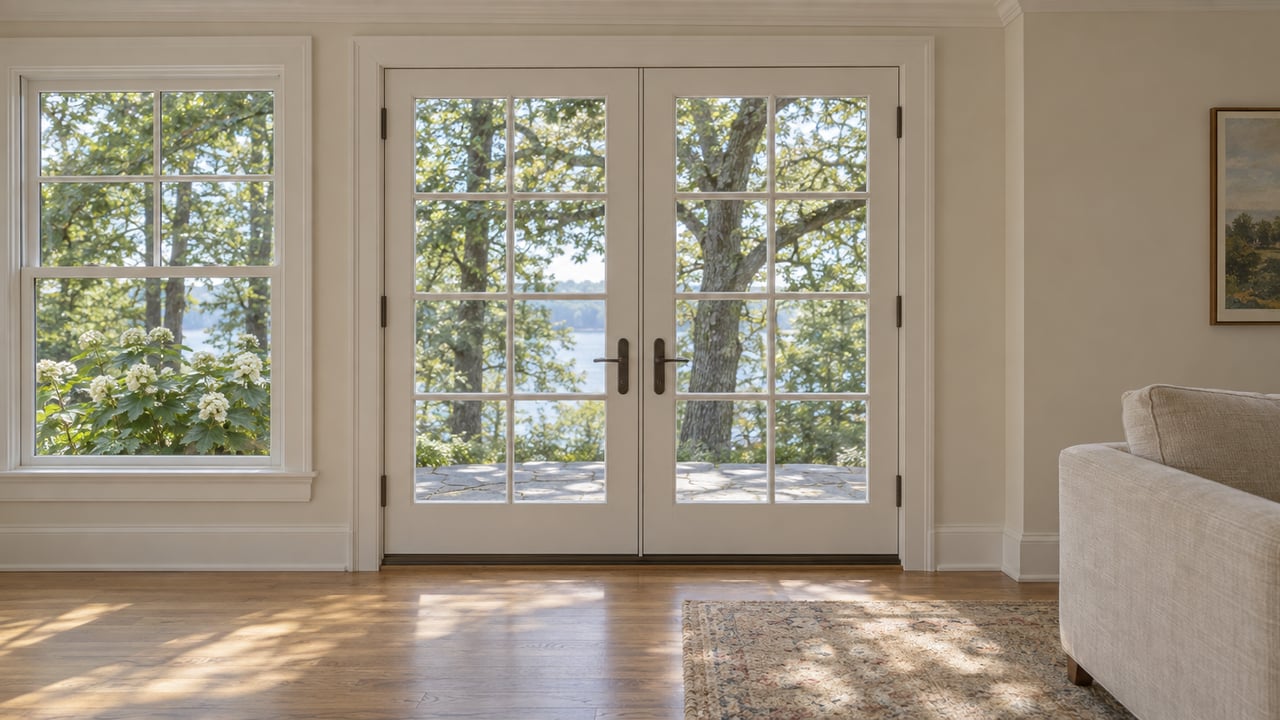Living room with closed French doors and a multi-pane window facing oak trees and a glimpse of water.