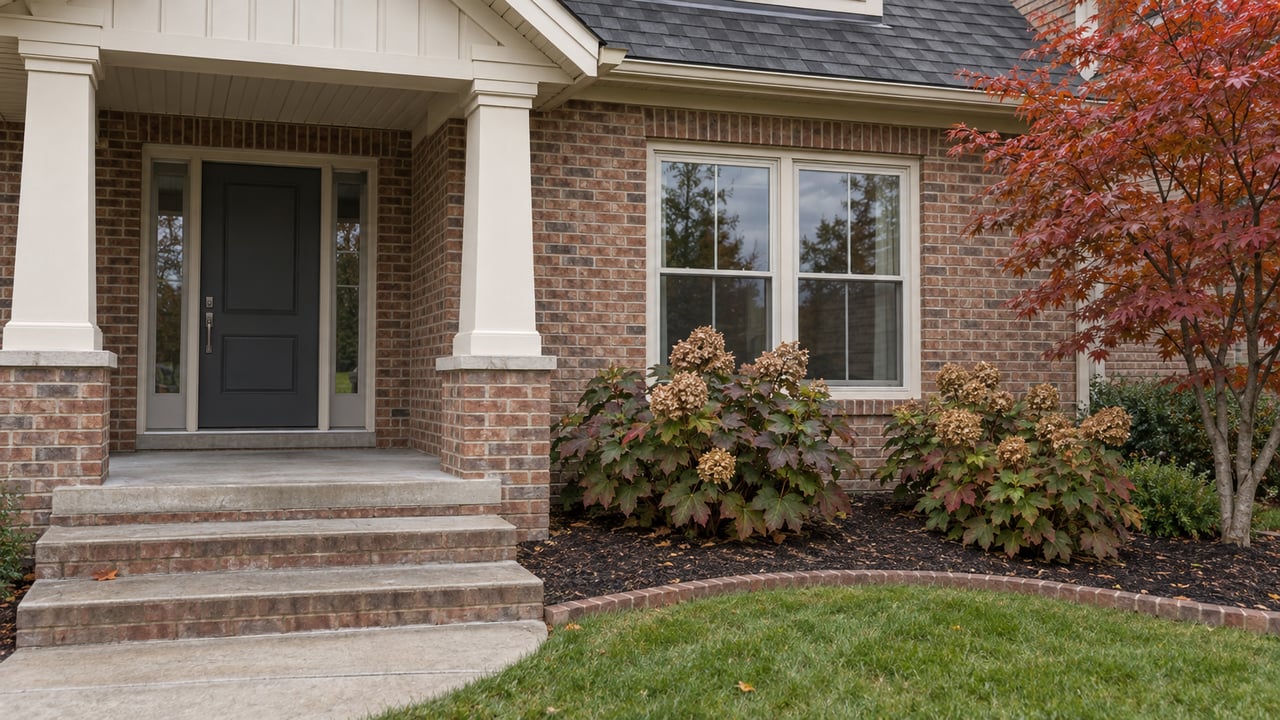 Brick home entrance with a covered porch, black front door, concrete steps, and autumn landscaping.