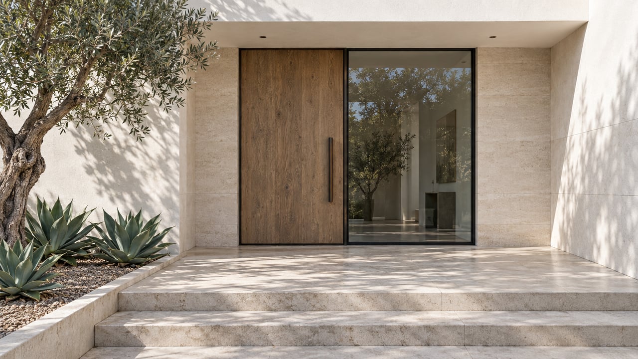 Contemporary home's recessed oak entrance and black-framed window above limestone steps, with a sculptural olive tree and three agaves.