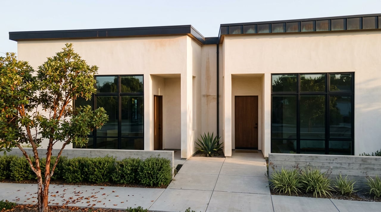 Two matching recessed wood doors beneath a shared flat roof, flanked by stucco volumes, a split walkway, and curated planting.