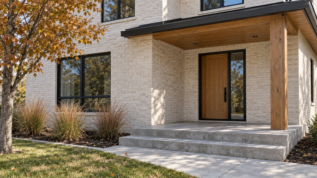 Cream brick two-story home with black-framed windows, an oak entry door, timber porch, and autumn planting.