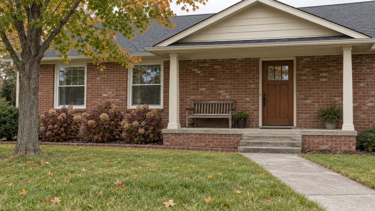 An established brick ranch with a covered porch, concrete approach and autumn maple beside a deep front lawn.