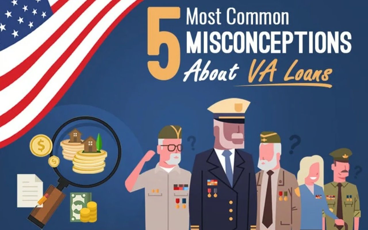 Infographic about five common VA loan misconceptions, with veterans and home-buying imagery.