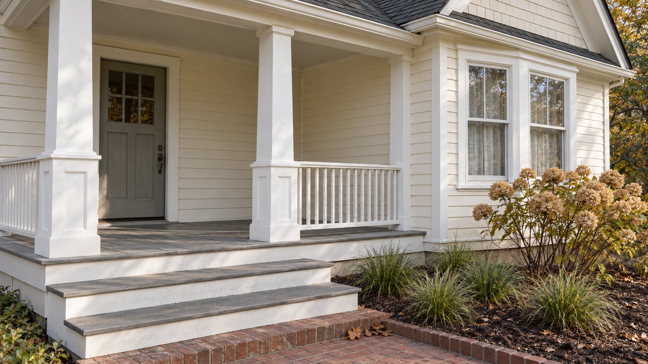 Cream clapboard cottage porch with white posts, gray wooden steps, a brick landing and dried hydrangea flowers in soft autumn light.