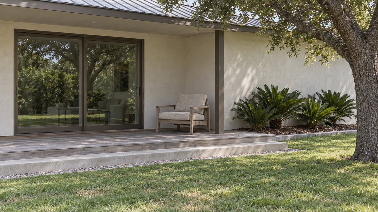 Covered terrace with weathered timber decking, a woven outdoor chair and closed sliding glass doors beside an oak-shaded lawn.