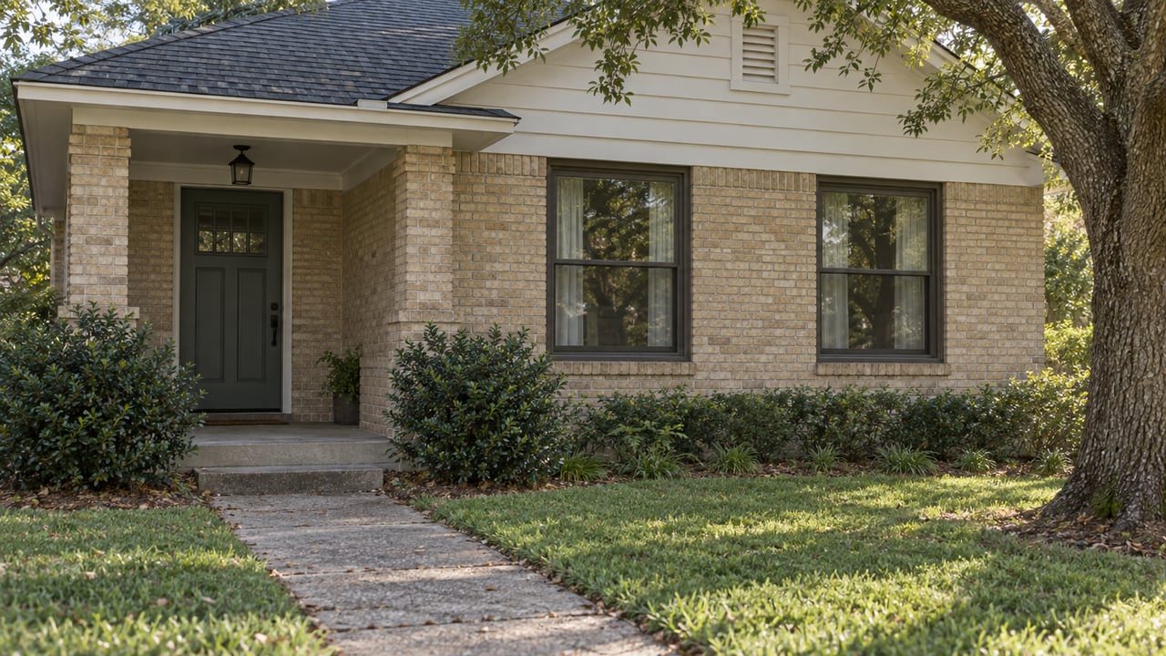 Older buff-brick house with a white-sided gable, recessed porch, two windows, and a diagonal concrete walk.
