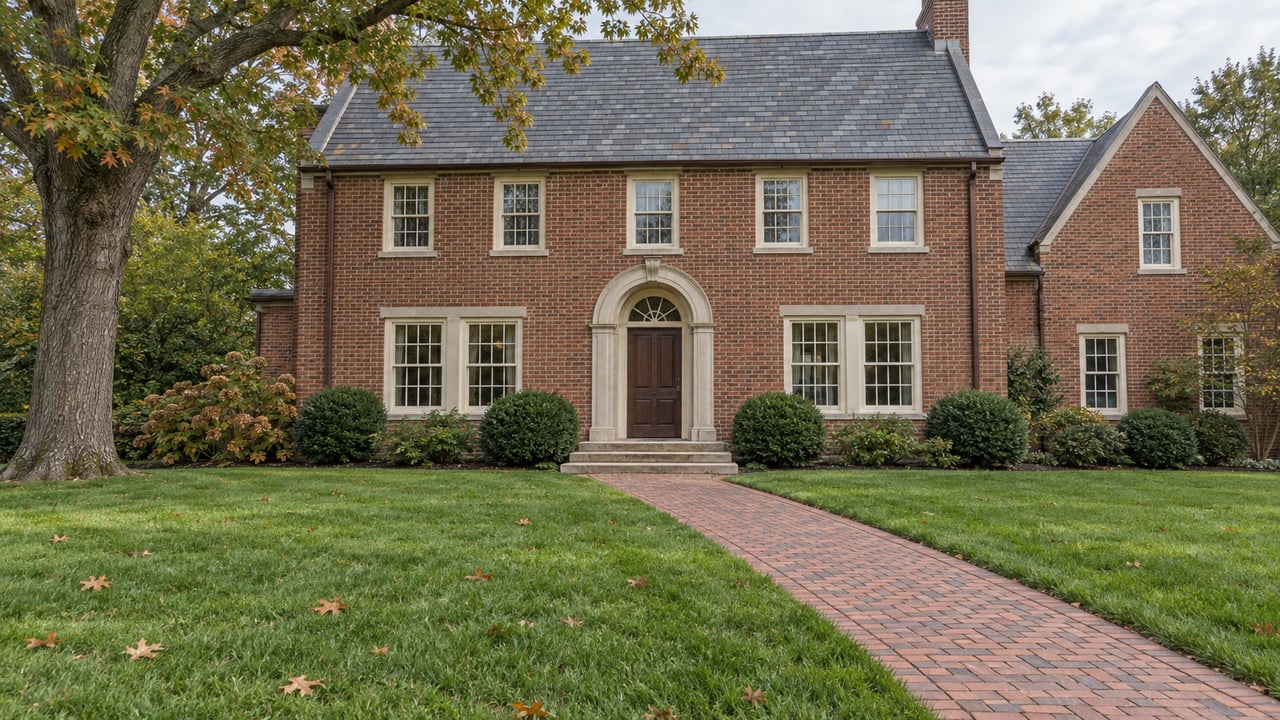 A red-brick home with slate gables and limestone entry behind a deep autumn lawn, mature oak and clipped foundation planting.