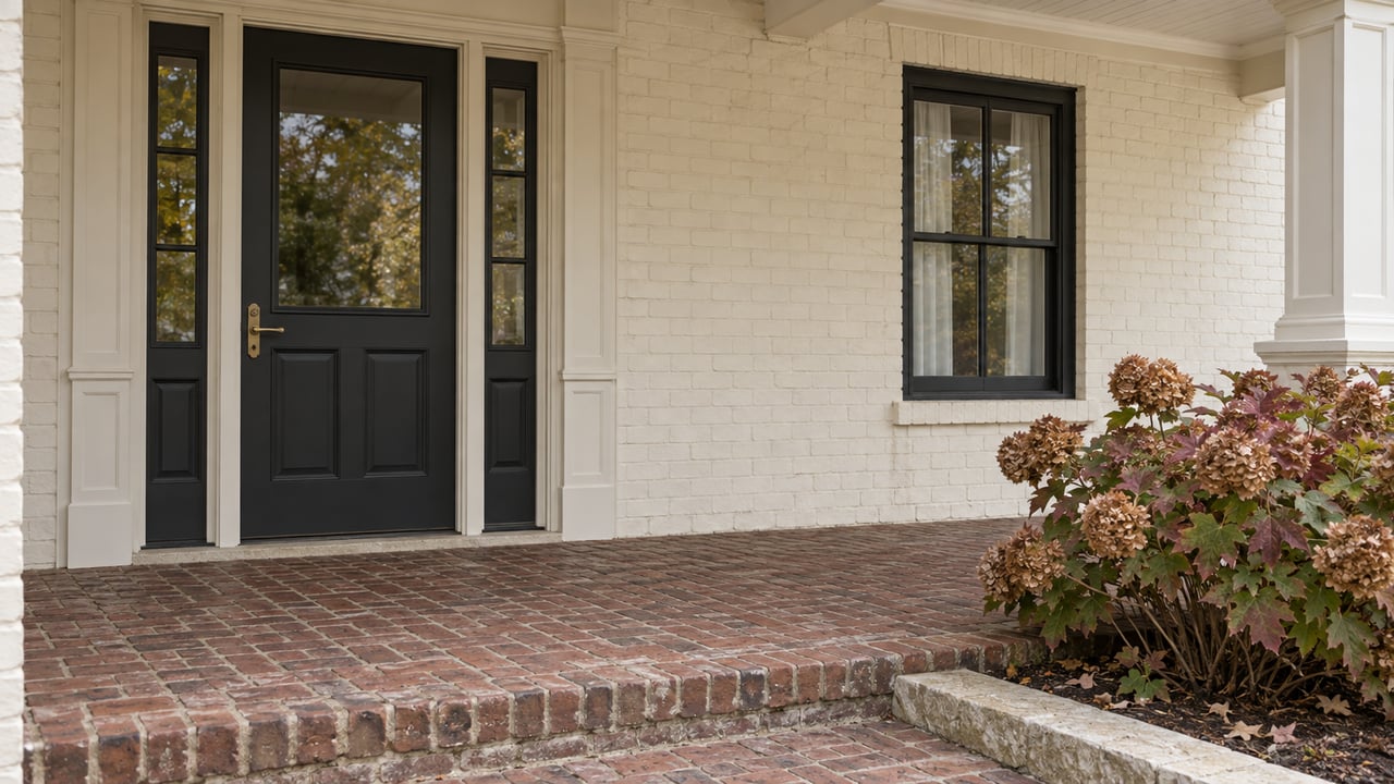 Cream-painted brick entry with a charcoal door, worn brick porch, and an oakleaf hydrangea showing autumn color.