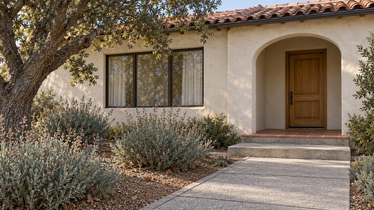 Sunlit cream-stucco home with a clay-tile roof, recessed arched entry, oak door and a concrete garden walk bordered by Cleveland sage beneath a coast live oak.