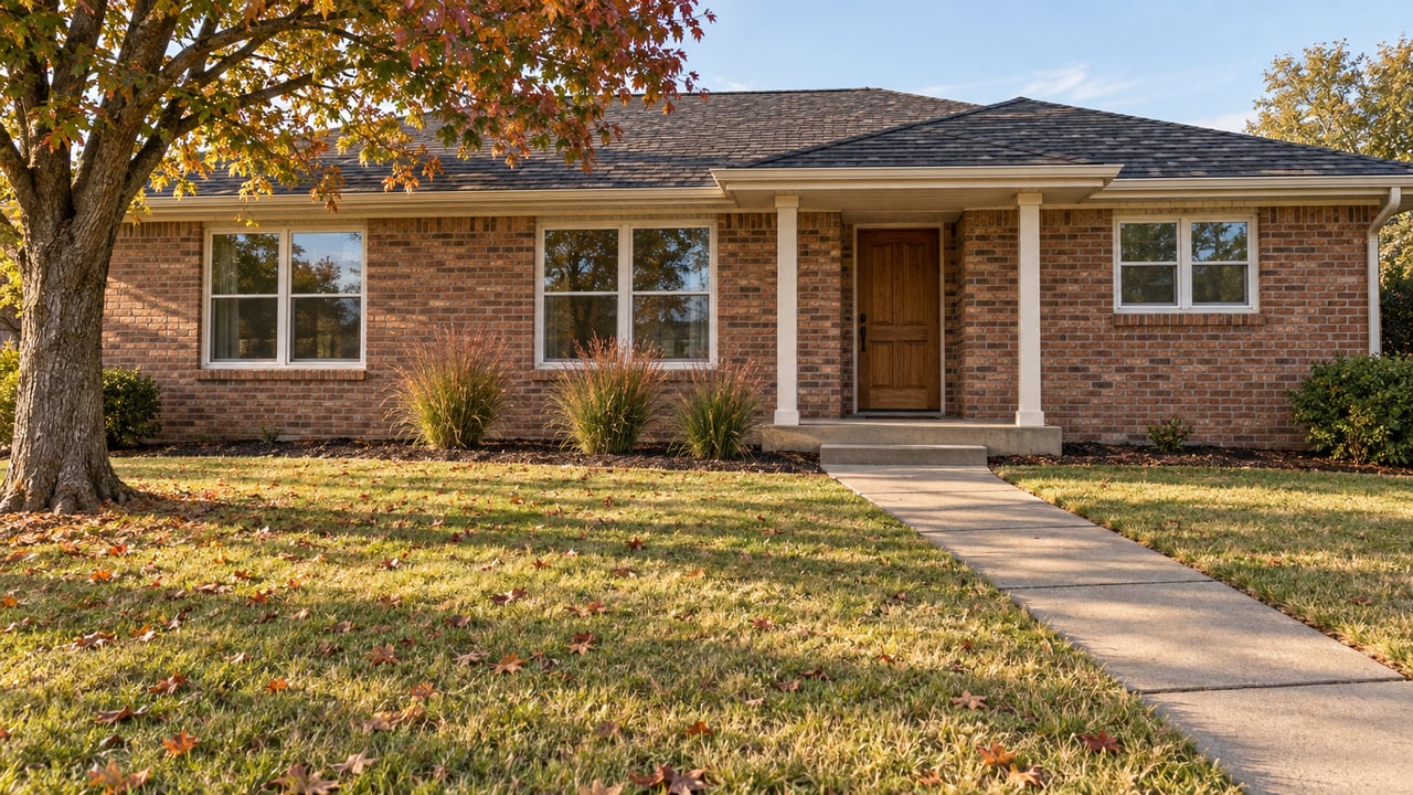 Low brick house with a shaded oak entry, broad front lawn, and a mature oak carrying early autumn color.