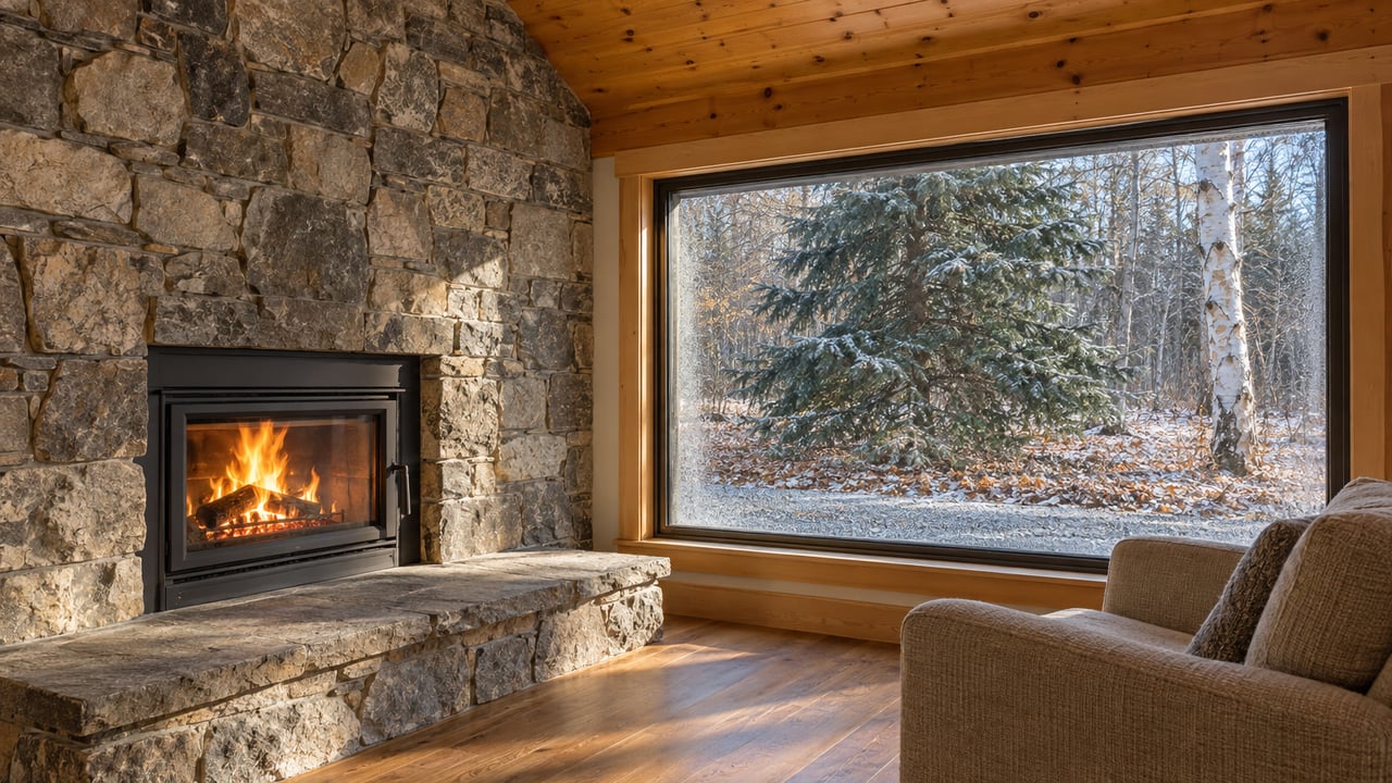 Living room with a stone fireplace, wood ceiling, and large window overlooking snowy trees.